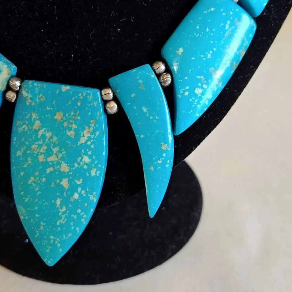 Blue Turquoise Statement Necklace Gold Art Deco Resin‎ Chunky Tribal Choker 8 in